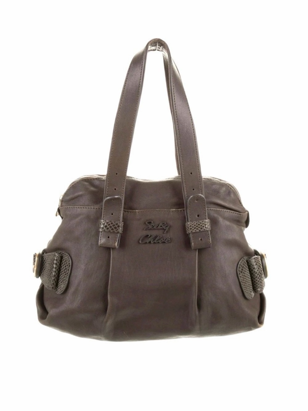 See by Chloé Gray Brown Leather Shoulder Bag Snakeskin Trim